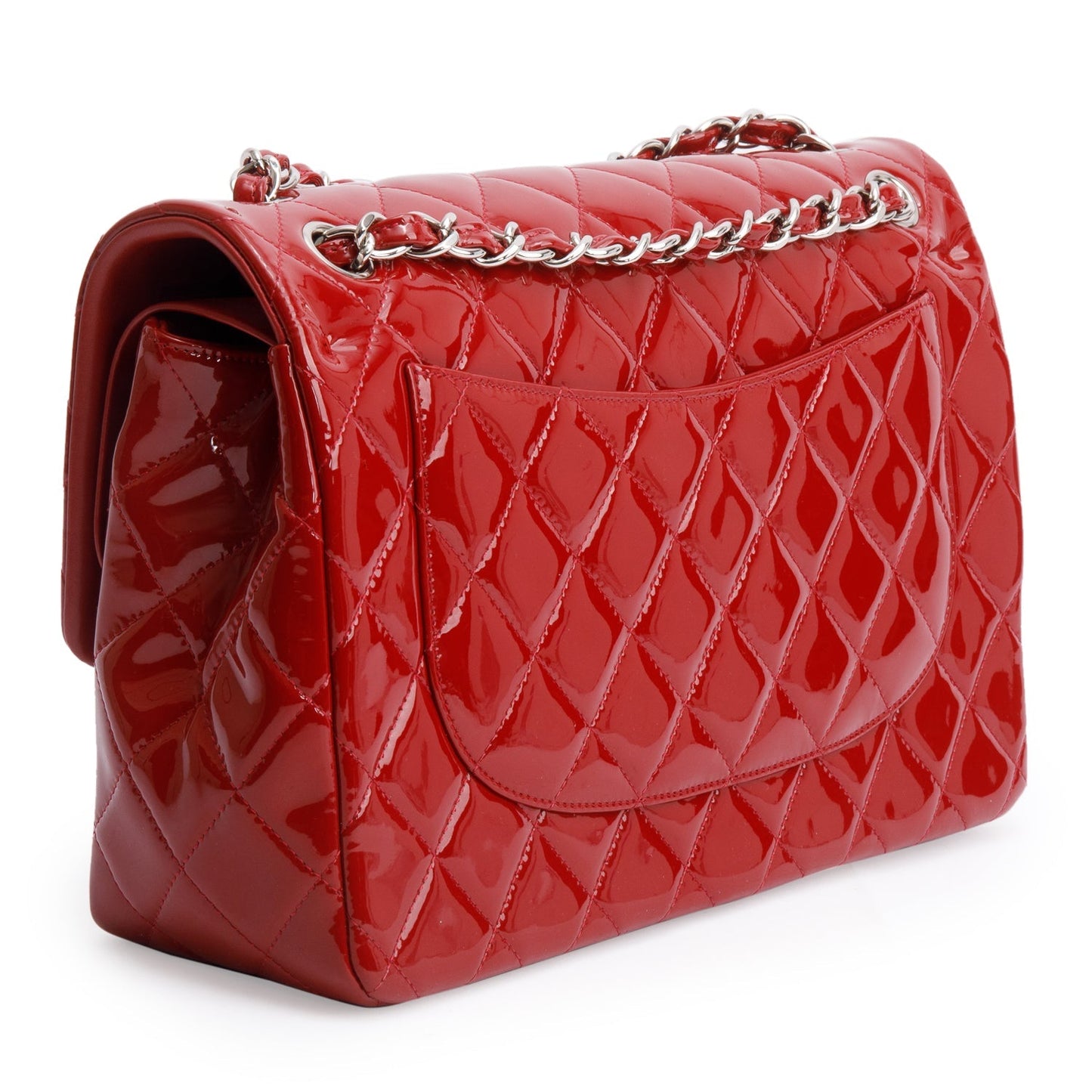 Chanel Red Quilted Patent Leather Classic Jumbo Double Flap Bag
