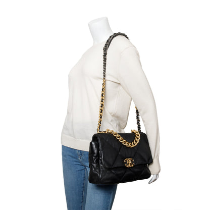 Chanel Black Lambskin Leather Large 19 Flap Bag