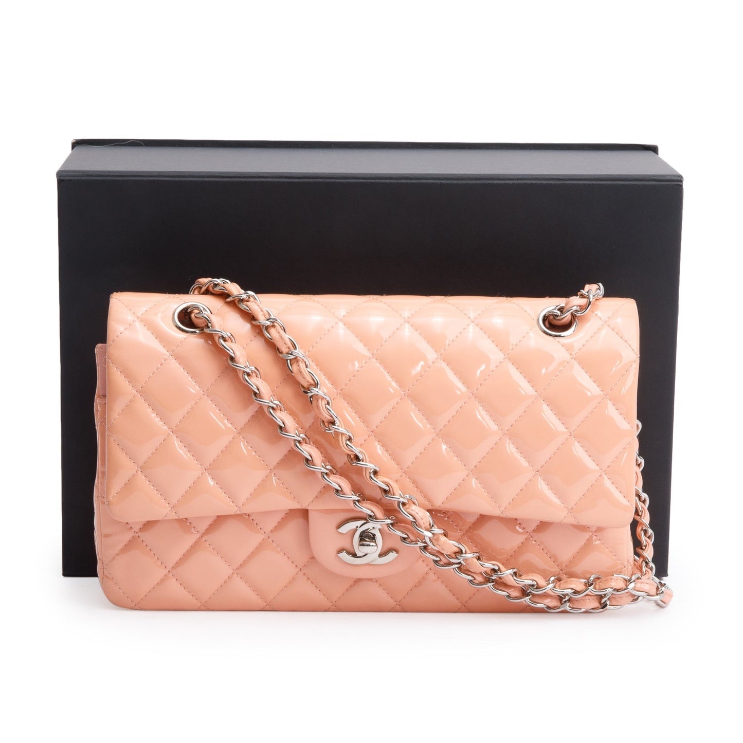 Chanel Peach Quilted Patent Leather Classic Medium Double Flap Bag