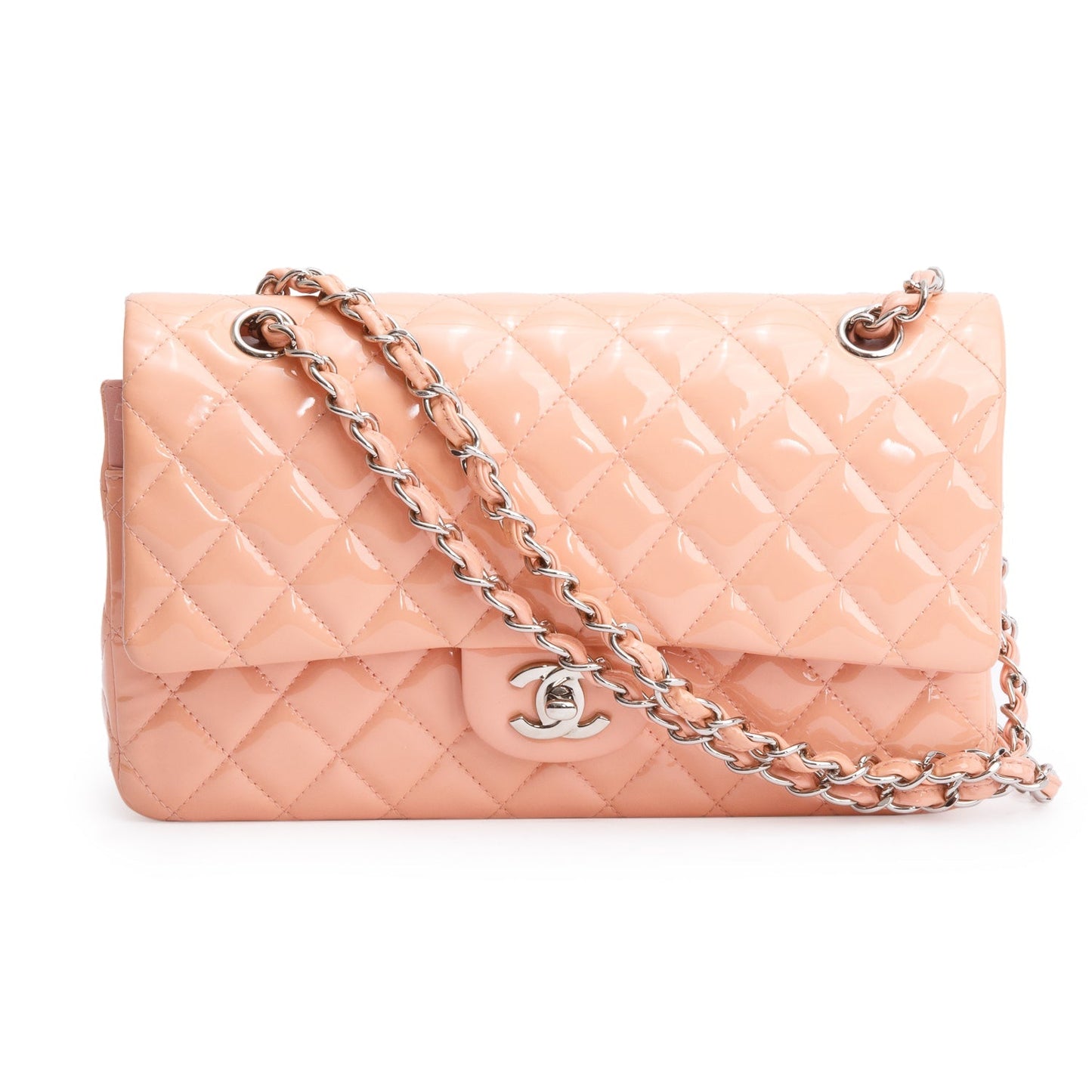 Chanel Peach Quilted Patent Leather Classic Medium Double Flap Bag