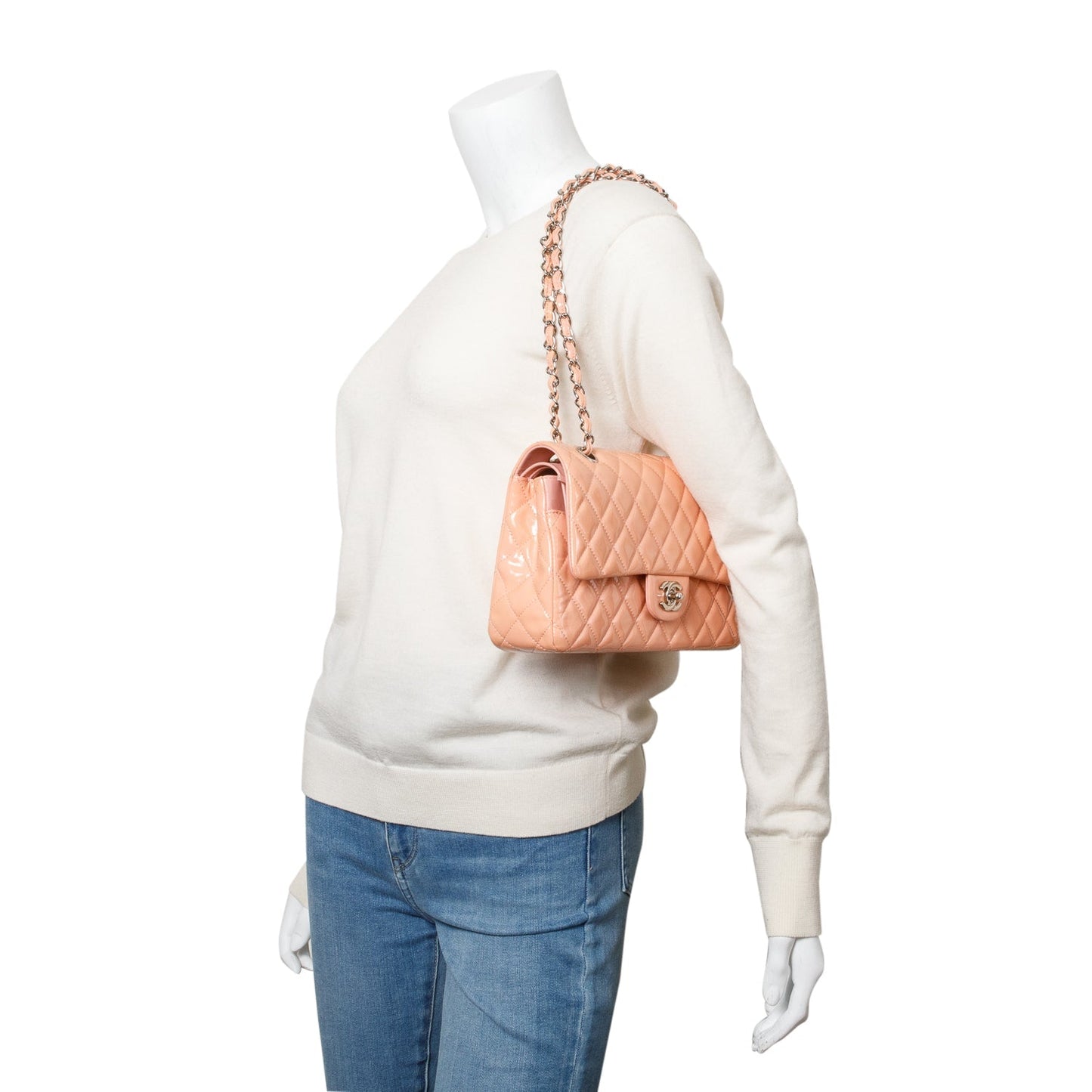 Chanel Peach Quilted Patent Leather Classic Medium Double Flap Bag