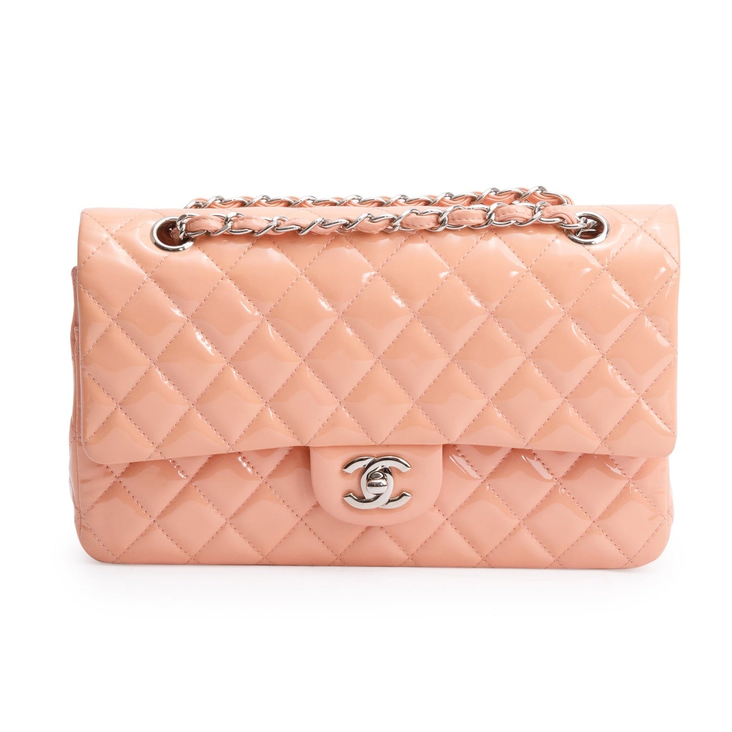 Chanel Peach Quilted Patent Leather Classic Medium Double Flap Bag