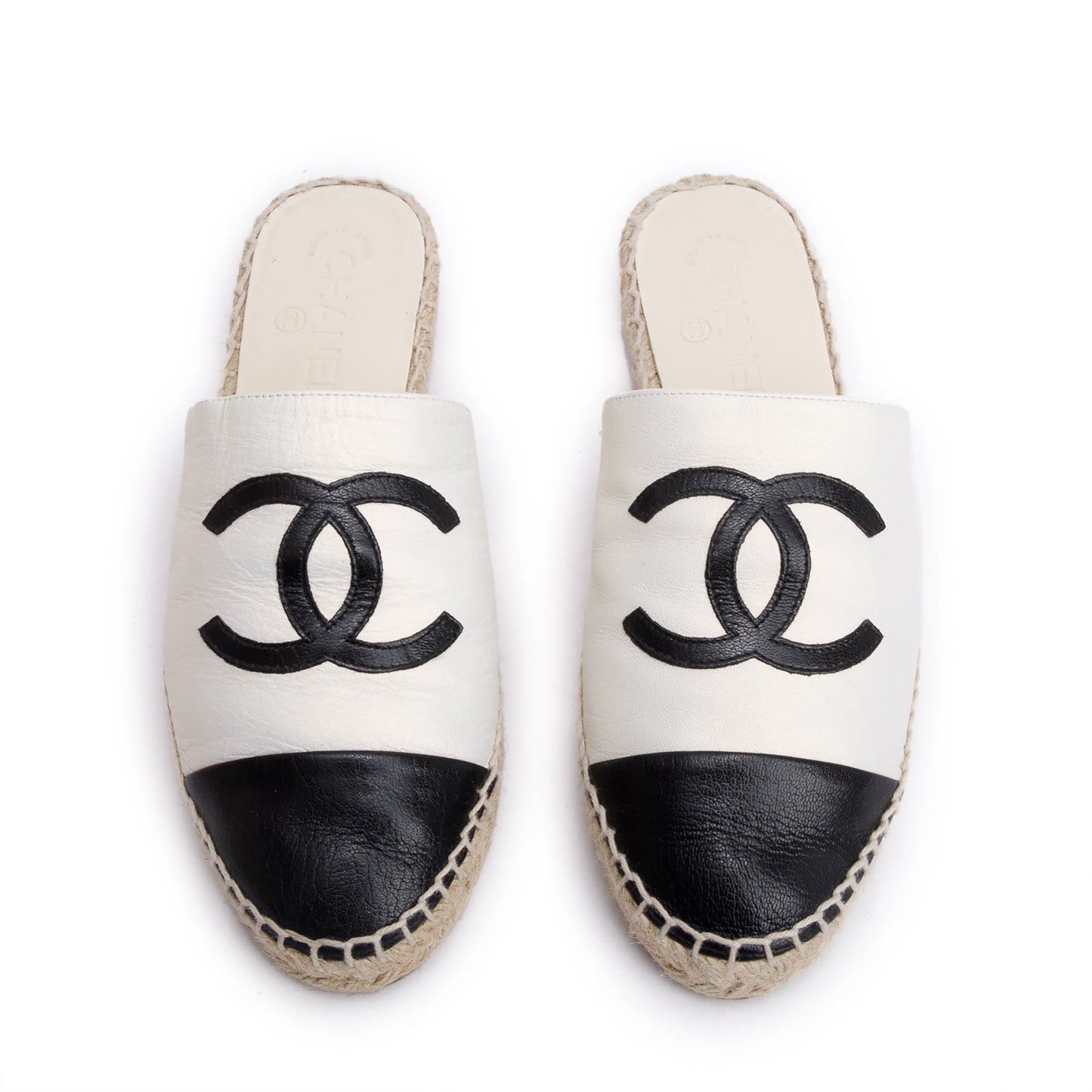 Chanel Black/ White Leather CC Logo Espadrille Mule, Size 38