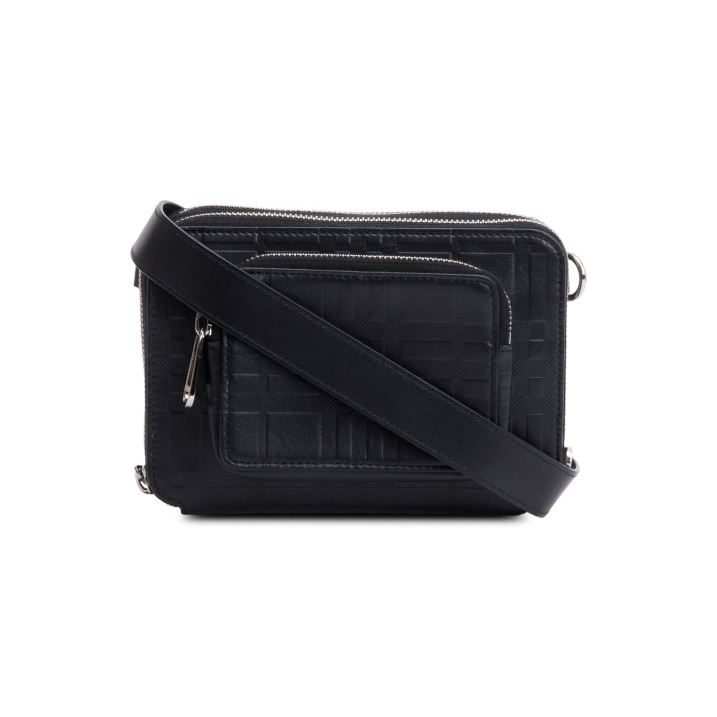 Burberry 2022 Black Check Embossed Calfskin Leather Double Zip Crossbody Bag