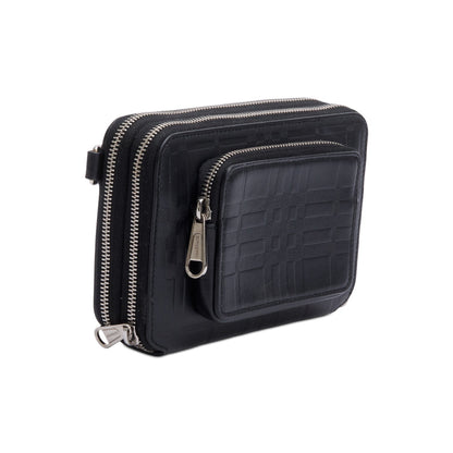Burberry 2022 Black Check Embossed Calfskin Leather Double Zip Crossbody Bag