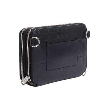 Burberry 2022 Black Check Embossed Calfskin Leather Double Zip Crossbody Bag