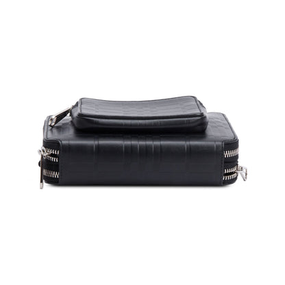 Burberry 2022 Black Check Embossed Calfskin Leather Double Zip Crossbody Bag