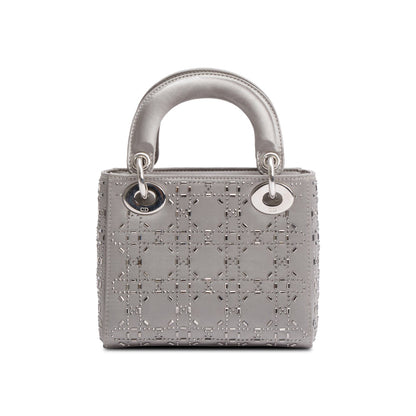 Christian Dior Grey Cannage Satin Crystal Embellished Mini Lady Dior Bag