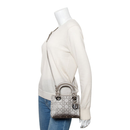 Christian Dior Grey Cannage Satin Crystal Embellished Mini Lady Dior Bag