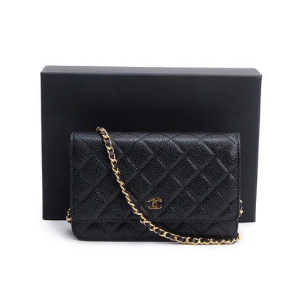 Chanel 2021 Black Quilted Caviar Leather Classic Wallet on Chain