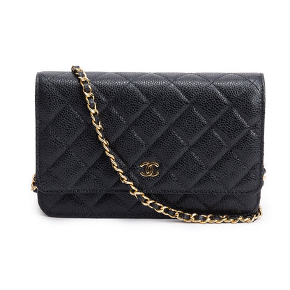 Chanel 2021 Black Quilted Caviar Leather Classic Wallet on Chain
