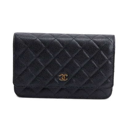 Chanel 2021 Black Quilted Caviar Leather Classic Wallet on Chain