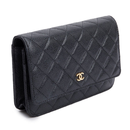 Chanel 2021 Black Quilted Caviar Leather Classic Wallet on Chain