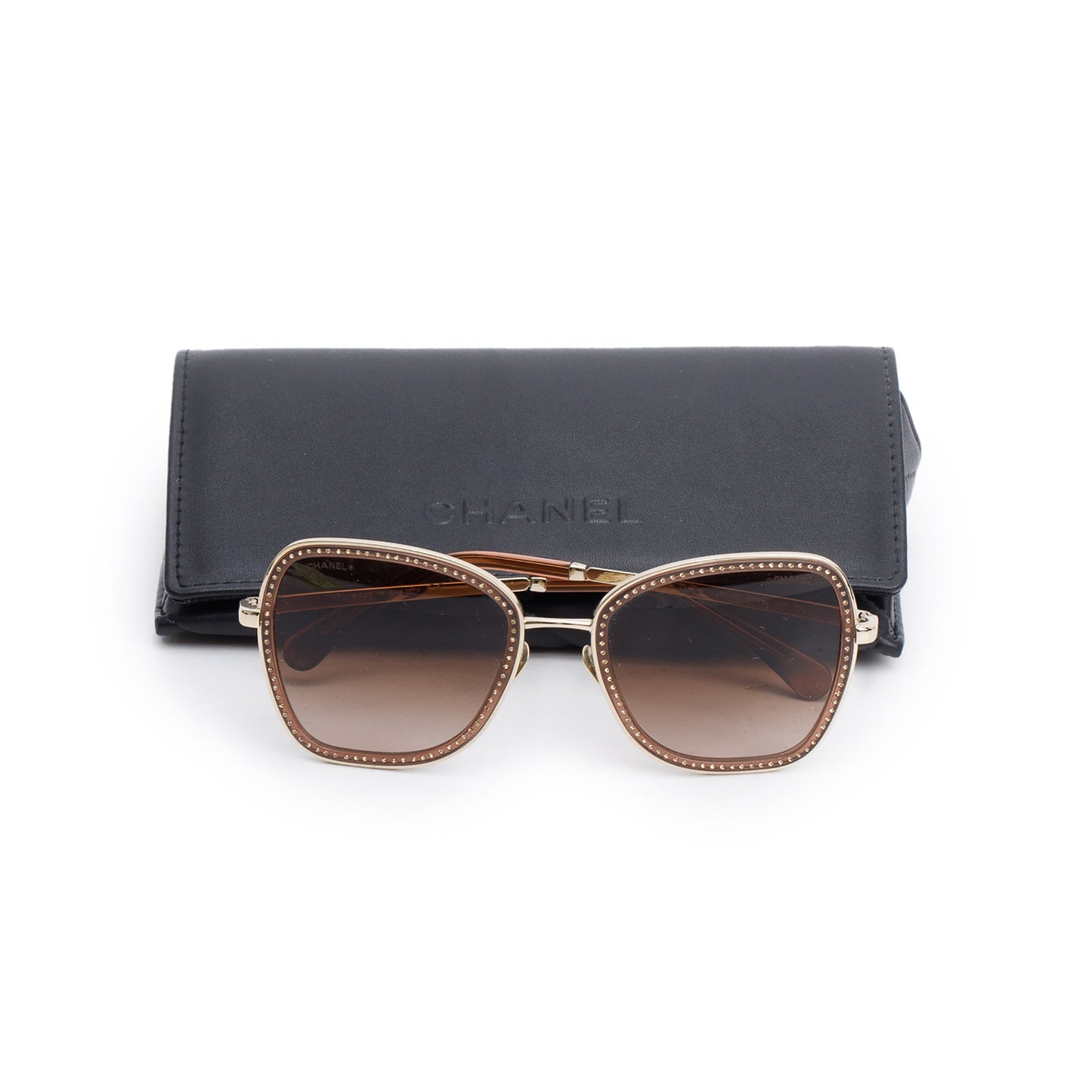 Chanel 4277-B Gold Tone Metal Frame Crystal Accent Square Sunglasses