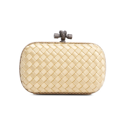 Bottega Veneta Gold Snakeskin-Trimmed Intrecciato Satin Knot Clutch