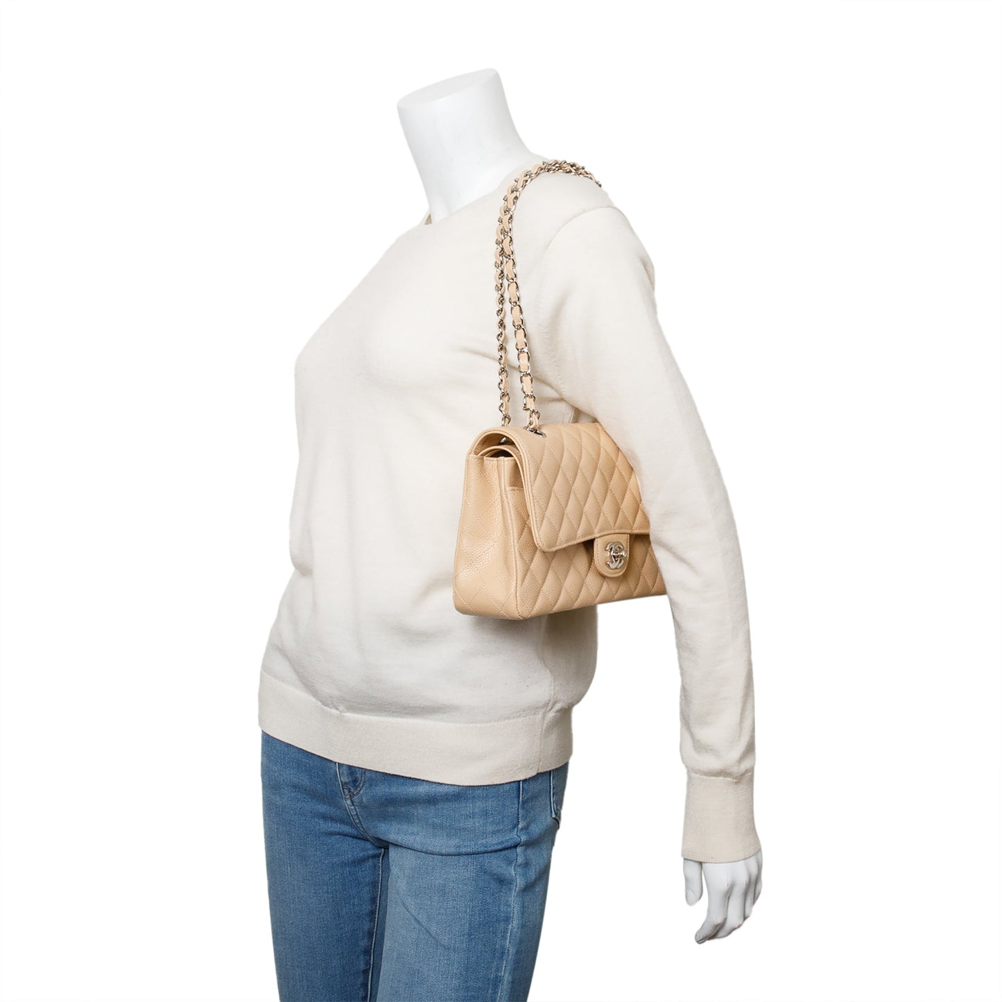 Chanel Beige Quilted Caviar Leather Classic Medium Double Flap Bag