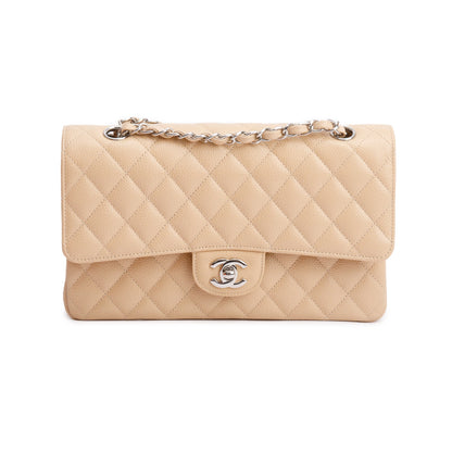 Chanel Beige Quilted Caviar Leather Classic Medium Double Flap Bag