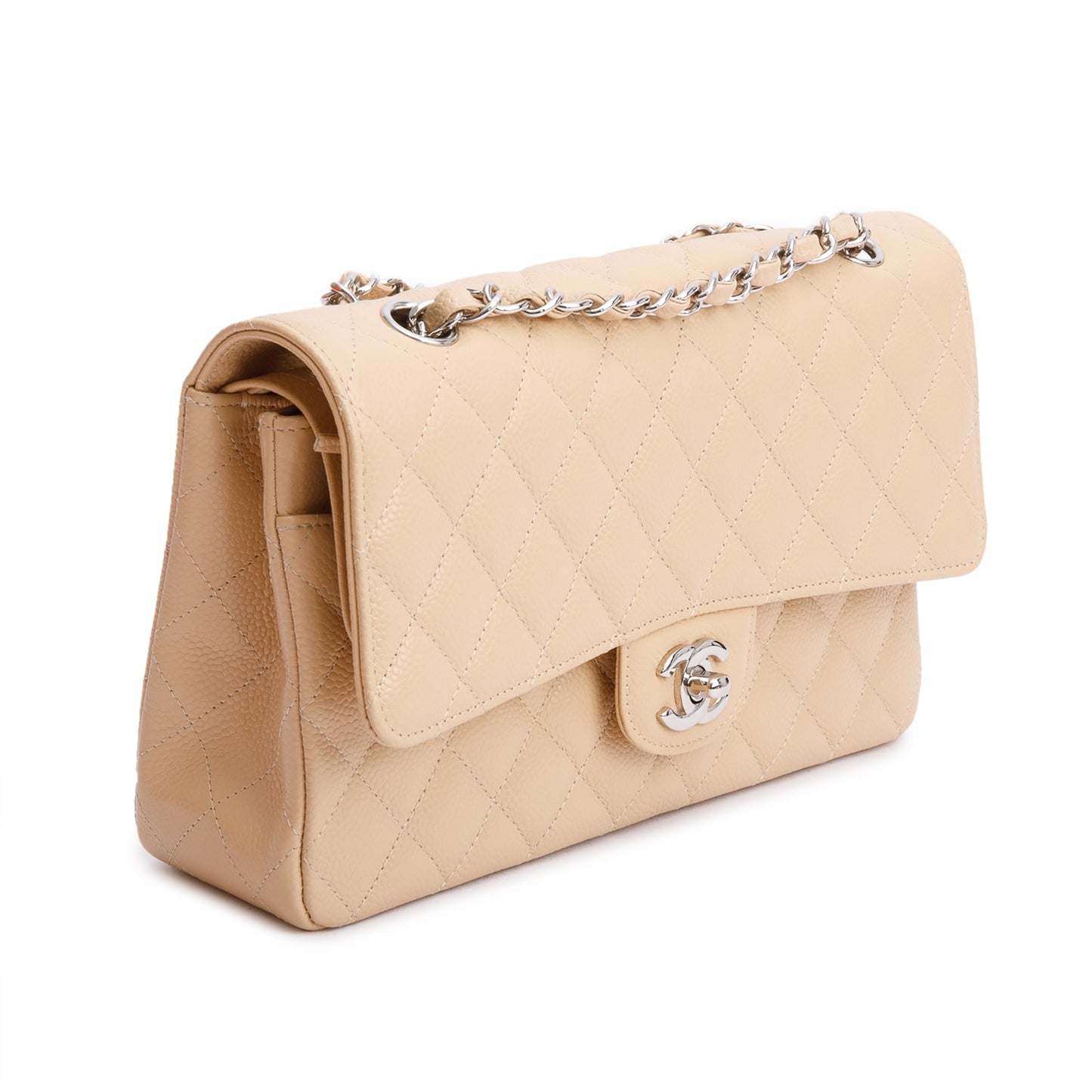 Chanel Beige Quilted Caviar Leather Classic Medium Double Flap Bag