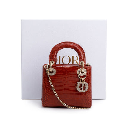 Christian Dior Red Crocodile Crystal Embellished Mini Lady Dior Bag