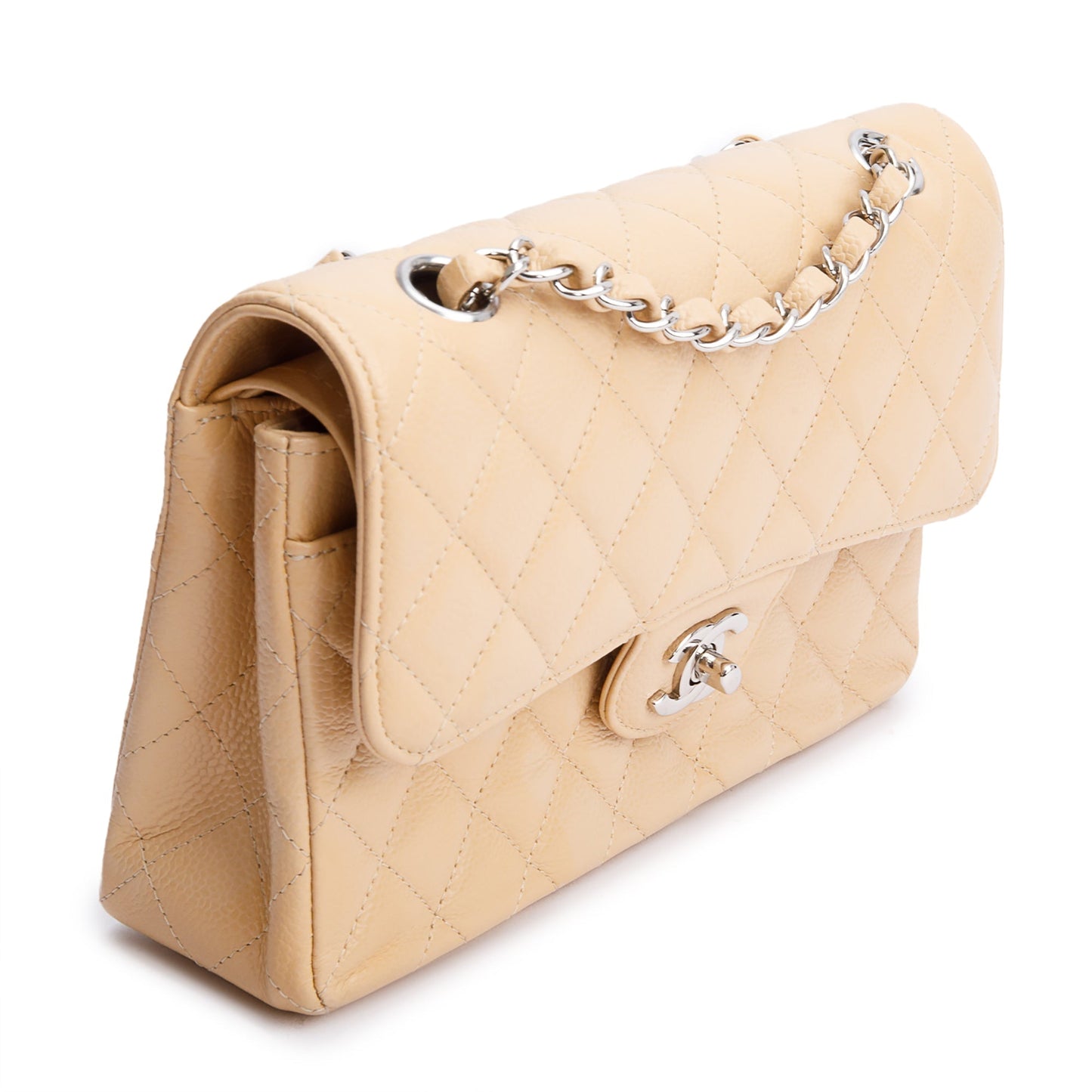 Chanel Beige Quilted Caviar Leather Classic Small Double Flap Bag