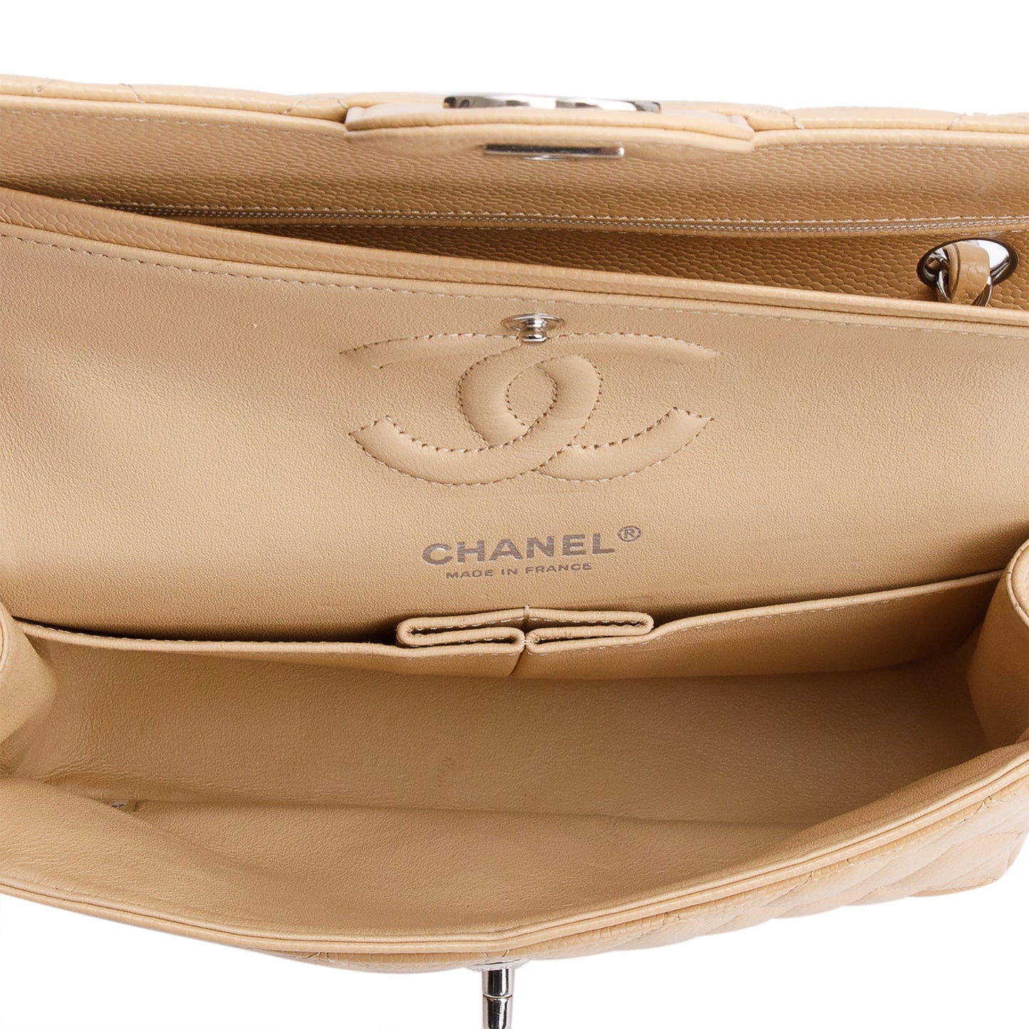 Chanel Beige Quilted Caviar Leather Classic Small Double Flap Bag