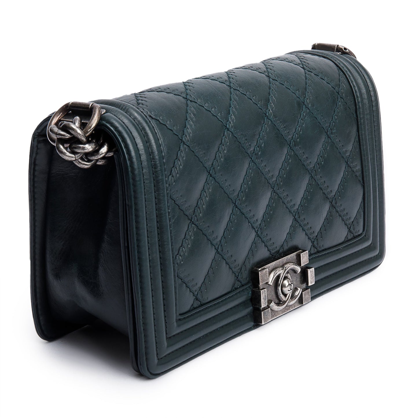 Chanel Green Calfskin Leather Wild Stitch Medium Boy Bag