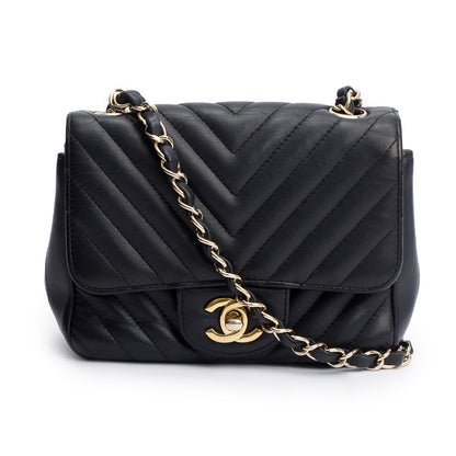 Chanel Black Chevron Quilted Lambskin Leather Classic Square Mini Flap Bag