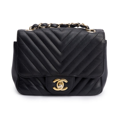 Chanel Black Chevron Quilted Lambskin Leather Classic Square Mini Flap Bag