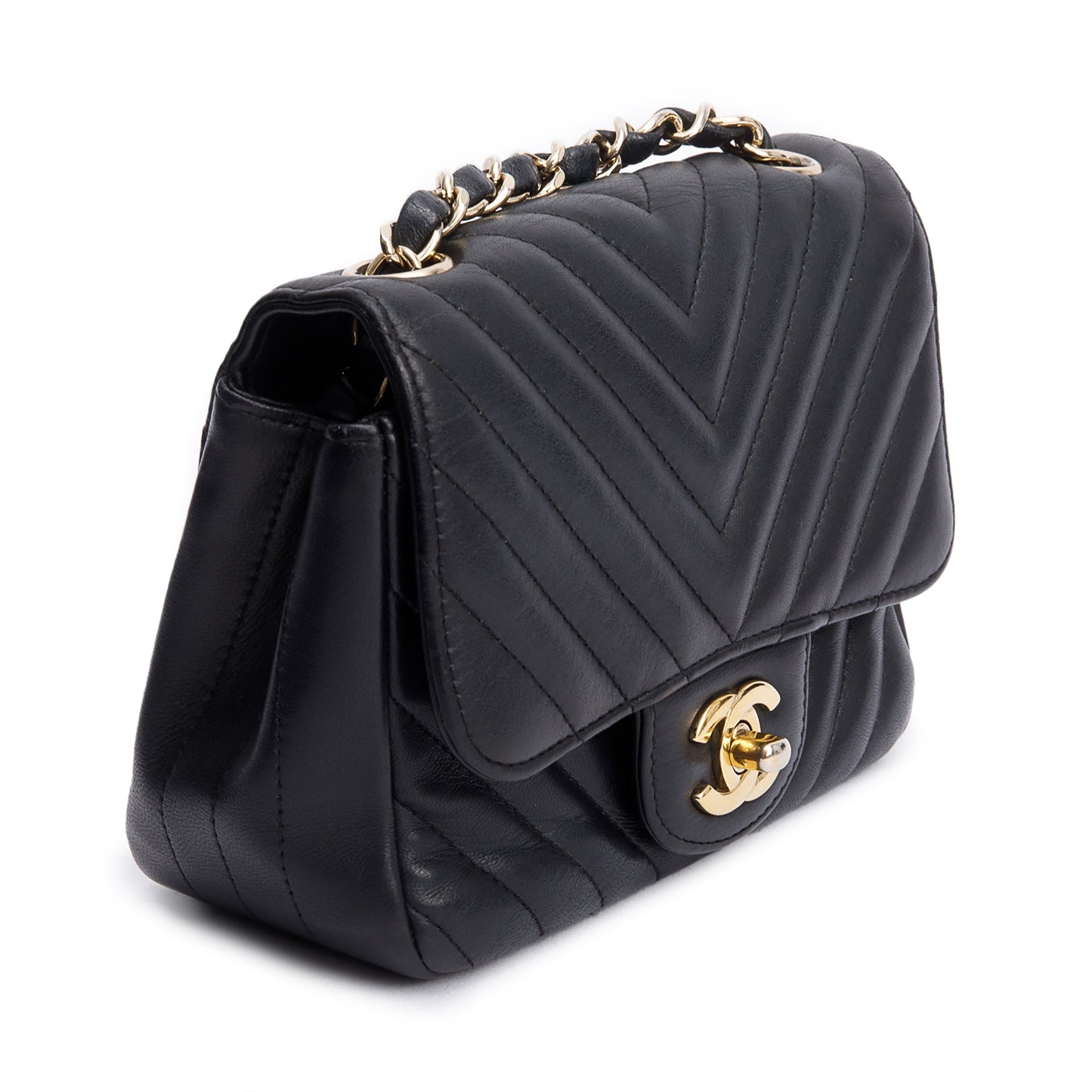 Chanel Black Chevron Quilted Lambskin Leather Classic Square Mini Flap Bag