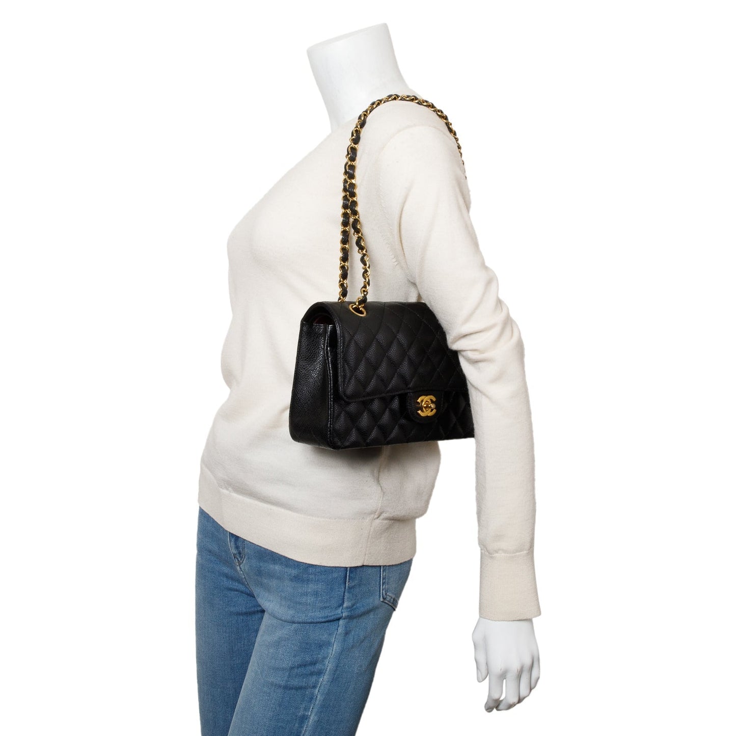 Chanel Black Quilted Caviar Leather Classic Medium Double Flap Bag