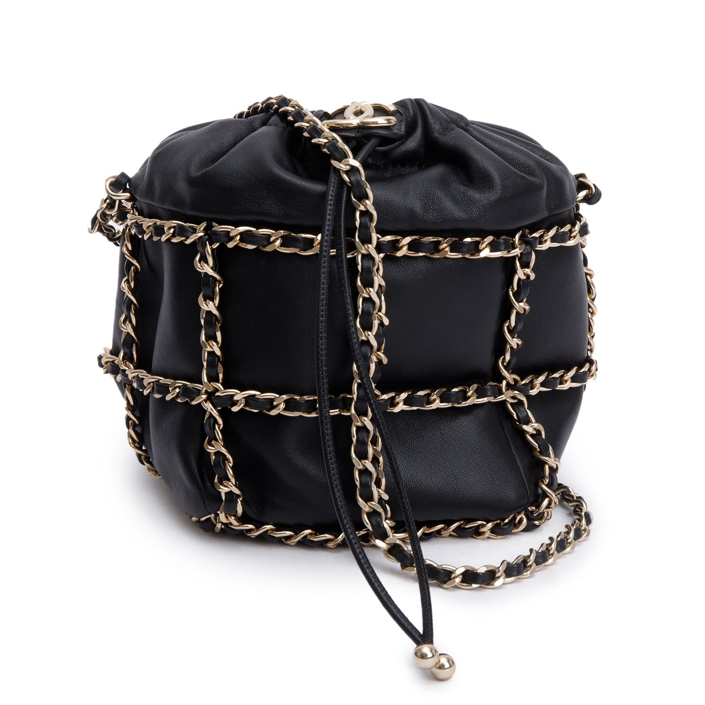 Chanel 2020 Black Lambskin Leather Chain Cage Bucket Bag