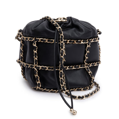 Chanel 2020 Black Lambskin Leather Chain Cage Bucket Bag