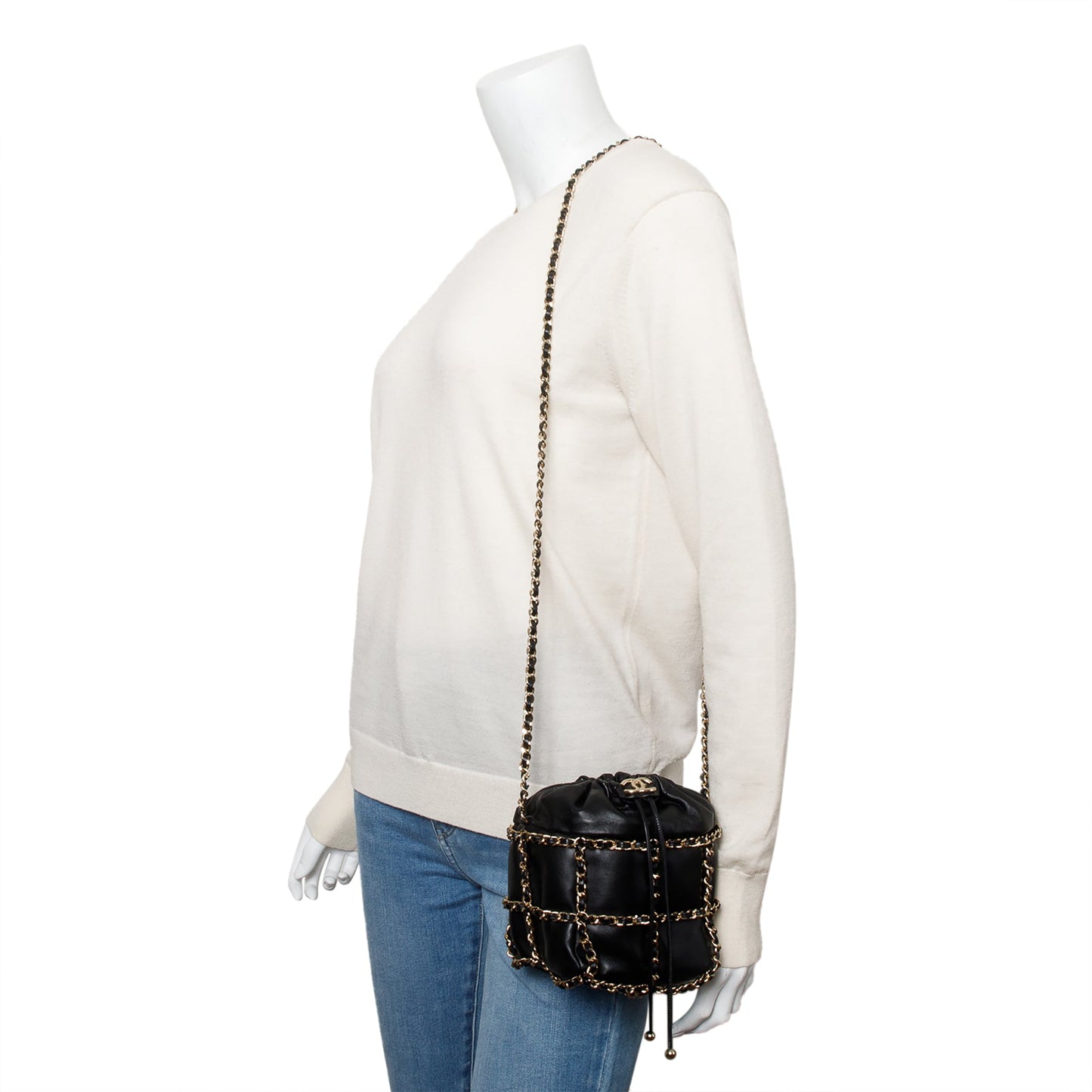 Chanel 2020 Black Lambskin Leather Chain Cage Bucket Bag