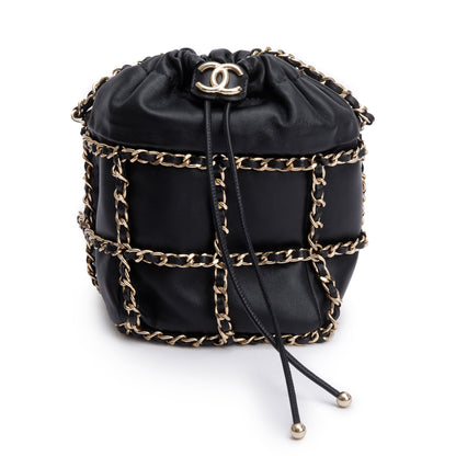 Chanel 2020 Black Lambskin Leather Chain Cage Bucket Bag