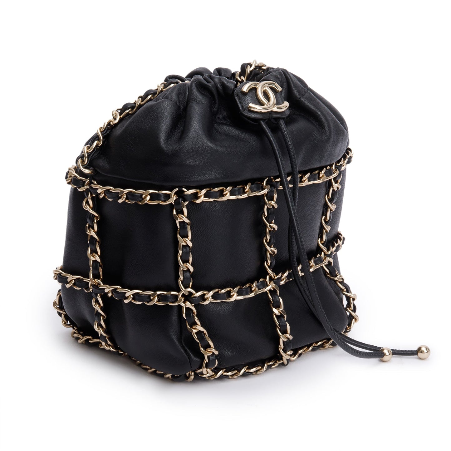 Chanel 2020 Black Lambskin Leather Chain Cage Bucket Bag