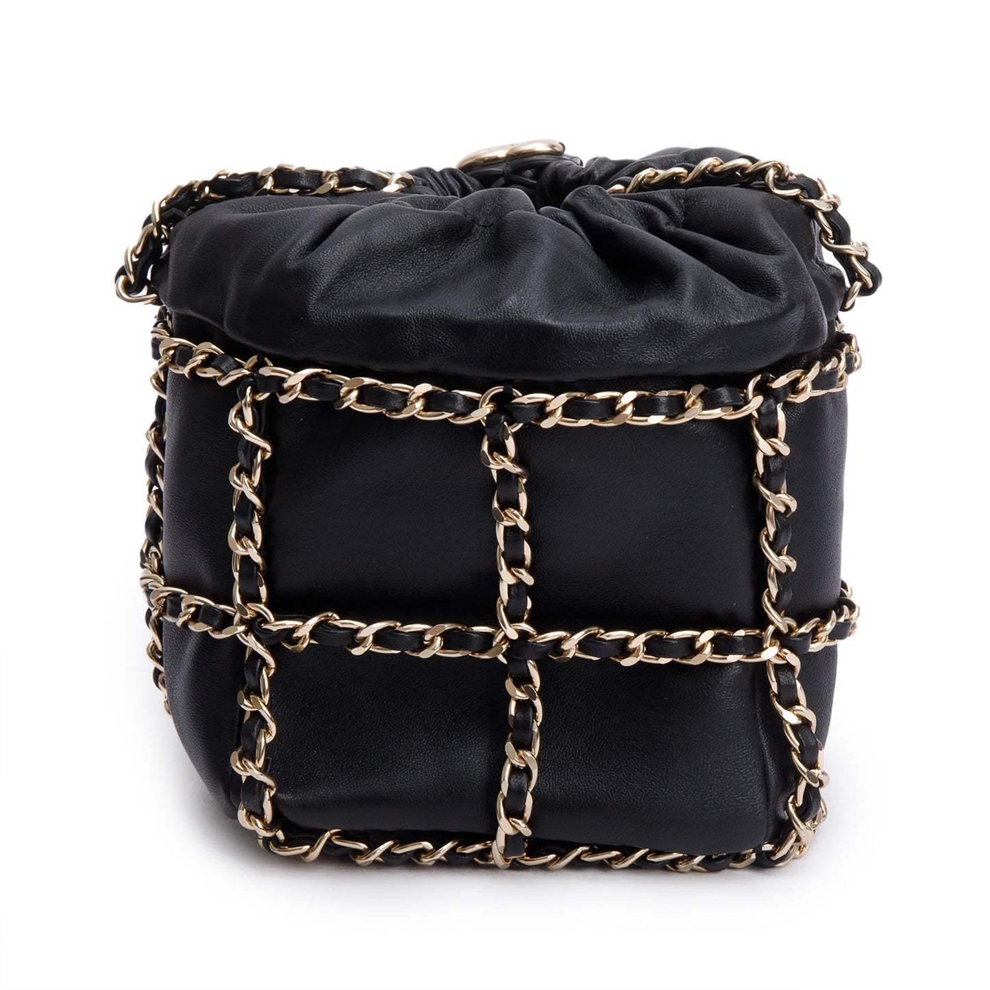 Chanel 2020 Black Lambskin Leather Chain Cage Bucket Bag