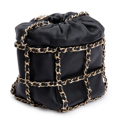 Chanel 2020 Black Lambskin Leather Chain Cage Bucket Bag