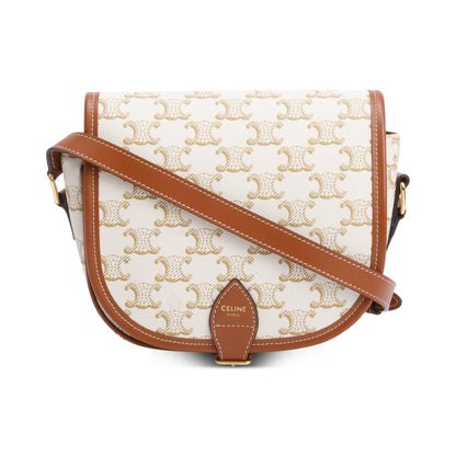 Celine 2021 White Triomphe Canvas and Calfskin Leather Medium Folco Crossbody Bag