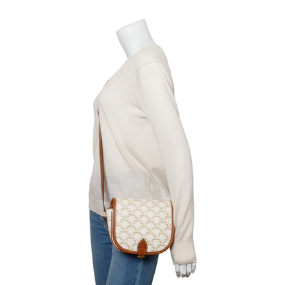 Celine 2021 White Triomphe Canvas and Calfskin Leather Medium Folco Crossbody Bag