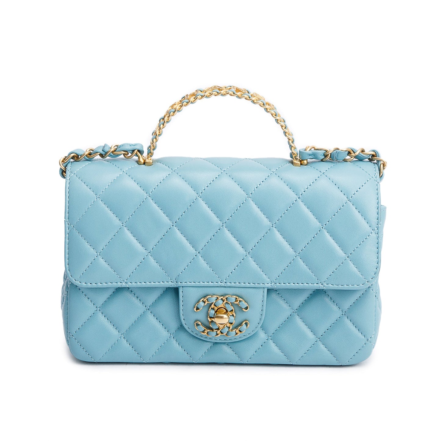 Chanel Turquoise Quilted Lambskin Leather Rectangular Mini Crystal Top Flap Bag