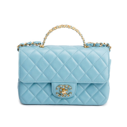 Chanel Turquoise Quilted Lambskin Leather Rectangular Mini Crystal Top Flap Bag