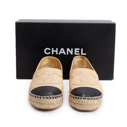 Chanel Neutral & Black Leather CC Logo Espadrilles, Size 35