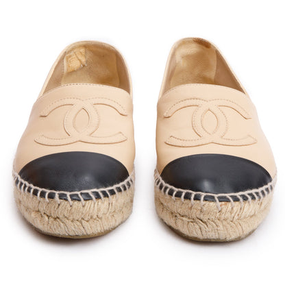 Chanel Neutral & Black Leather CC Logo Espadrilles, Size 35
