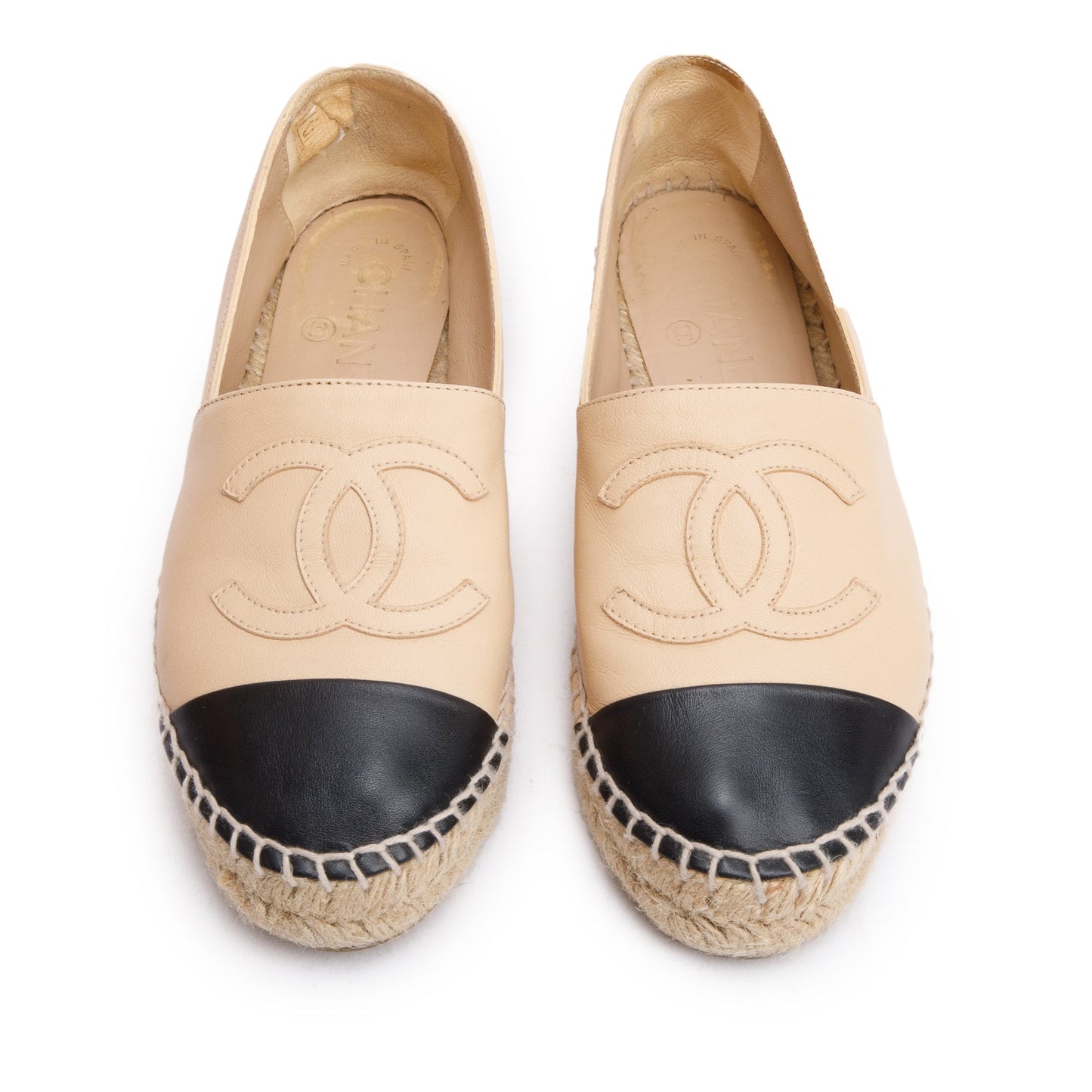 Chanel Neutral & Black Leather CC Logo Espadrilles, Size 35