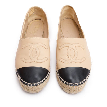 Chanel Neutral & Black Leather CC Logo Espadrilles, Size 35