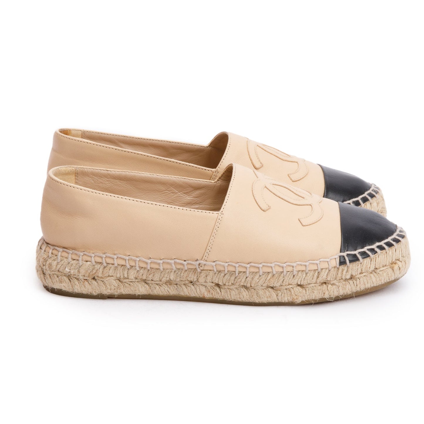 Chanel Neutral & Black Leather CC Logo Espadrilles, Size 35