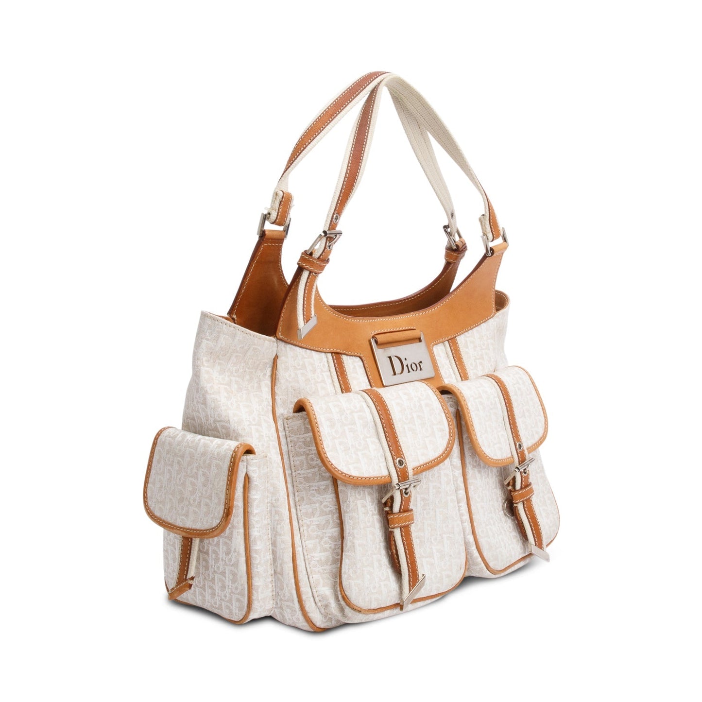Christian Dior White Diorissimo Tan Leather Multi-Pocket Tote