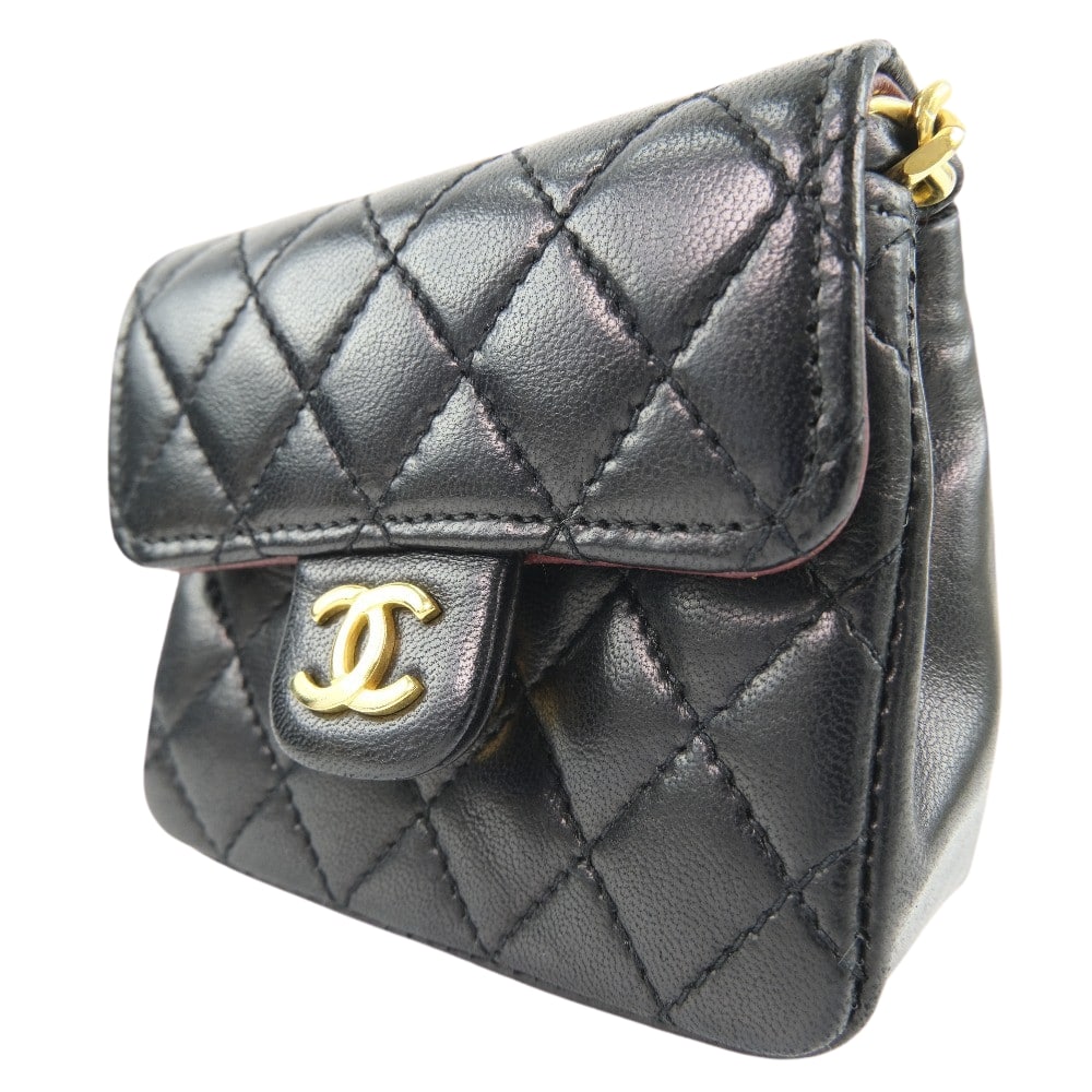 CHANEL Waist bag lambskin black Rare vintage Micro Matrasse Chain pochette Women