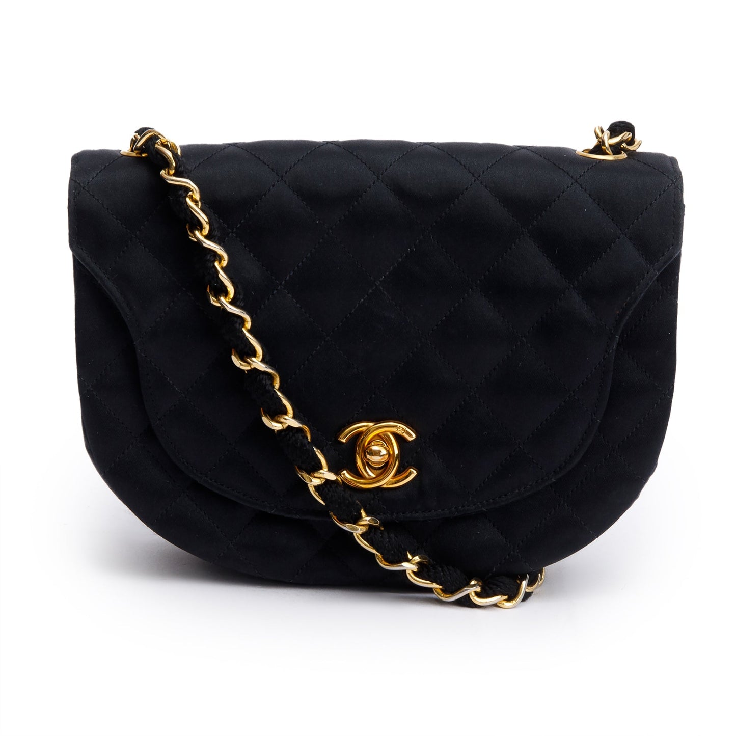 Chanel Vintage Black Quilted Satin Half Moon Flap Bag