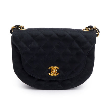 Chanel Vintage Black Quilted Satin Half Moon Flap Bag